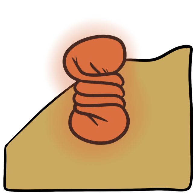 A twisted glowing orange wrinkled blob. Curved yellow skin fills the bottom half of the background.